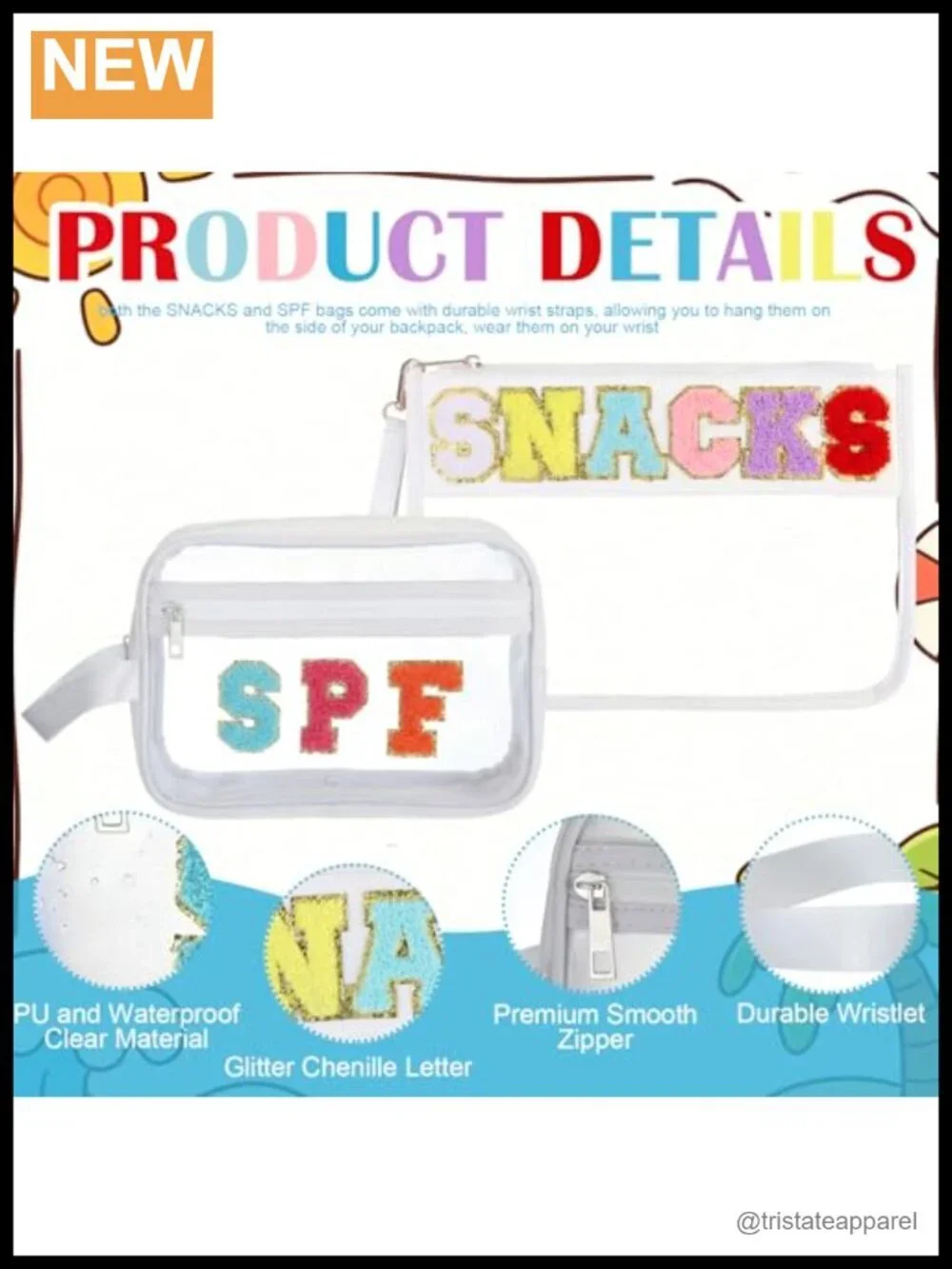 3-Piece Chenille Letter Storage Pouch Set, Waterproof Nylon and PVC, Wrist